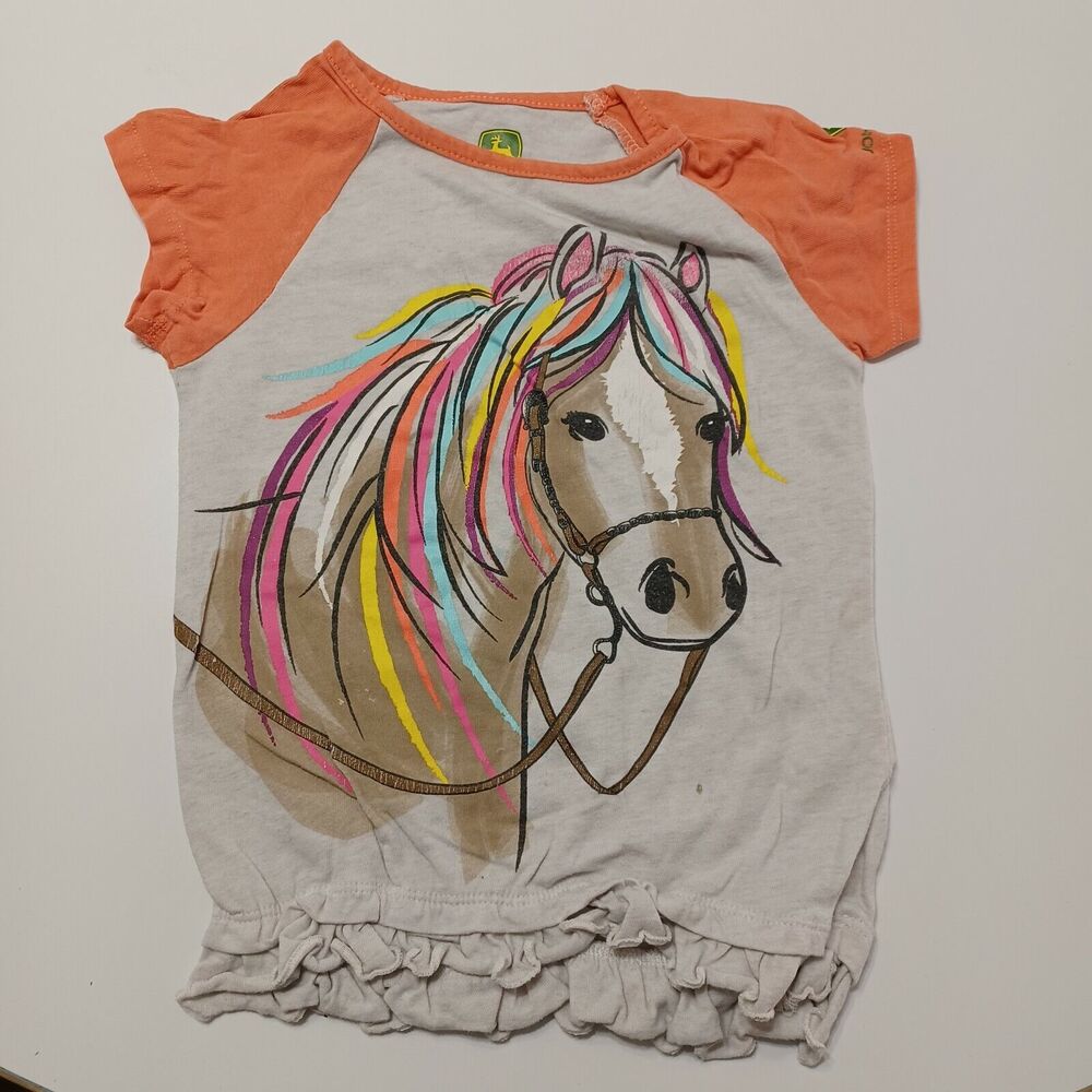 John Deere Girls 4T Large Rainbow Horse Graphic High Low Ruffle Hem Scoop Neck